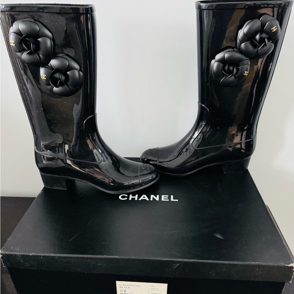 CHANEL Black Winter & Rain Boots with Floral Design